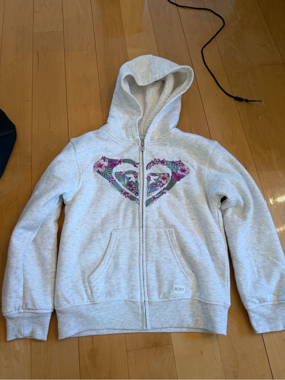 Roxy embroidered Light Heather Gray Zip Hoodie with Floral Heart